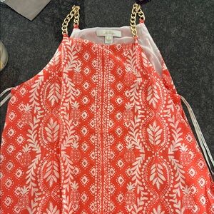 Lilly Pulitzer Coral and White Printed Halter Dress with Gold Chain Straps
